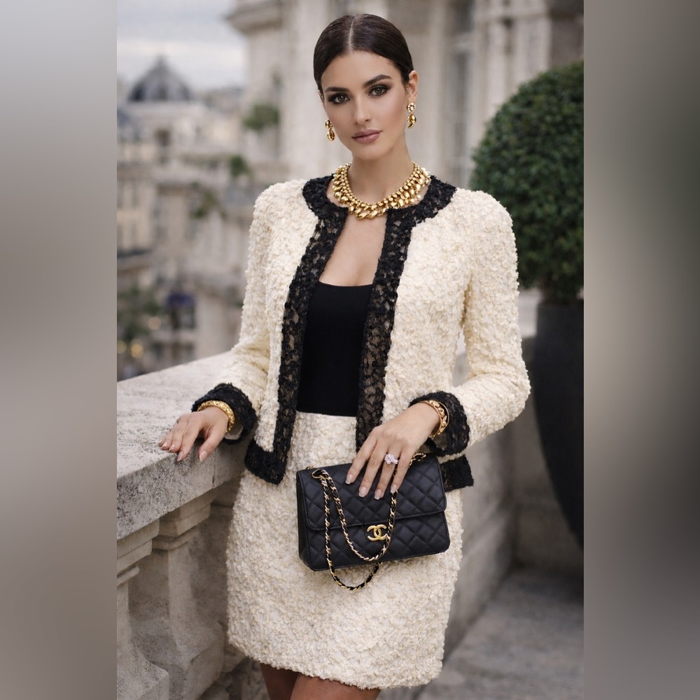 Vtg Moschino Cheap and Chic Cream and Black Women's Lace Jacket & Skirt Set